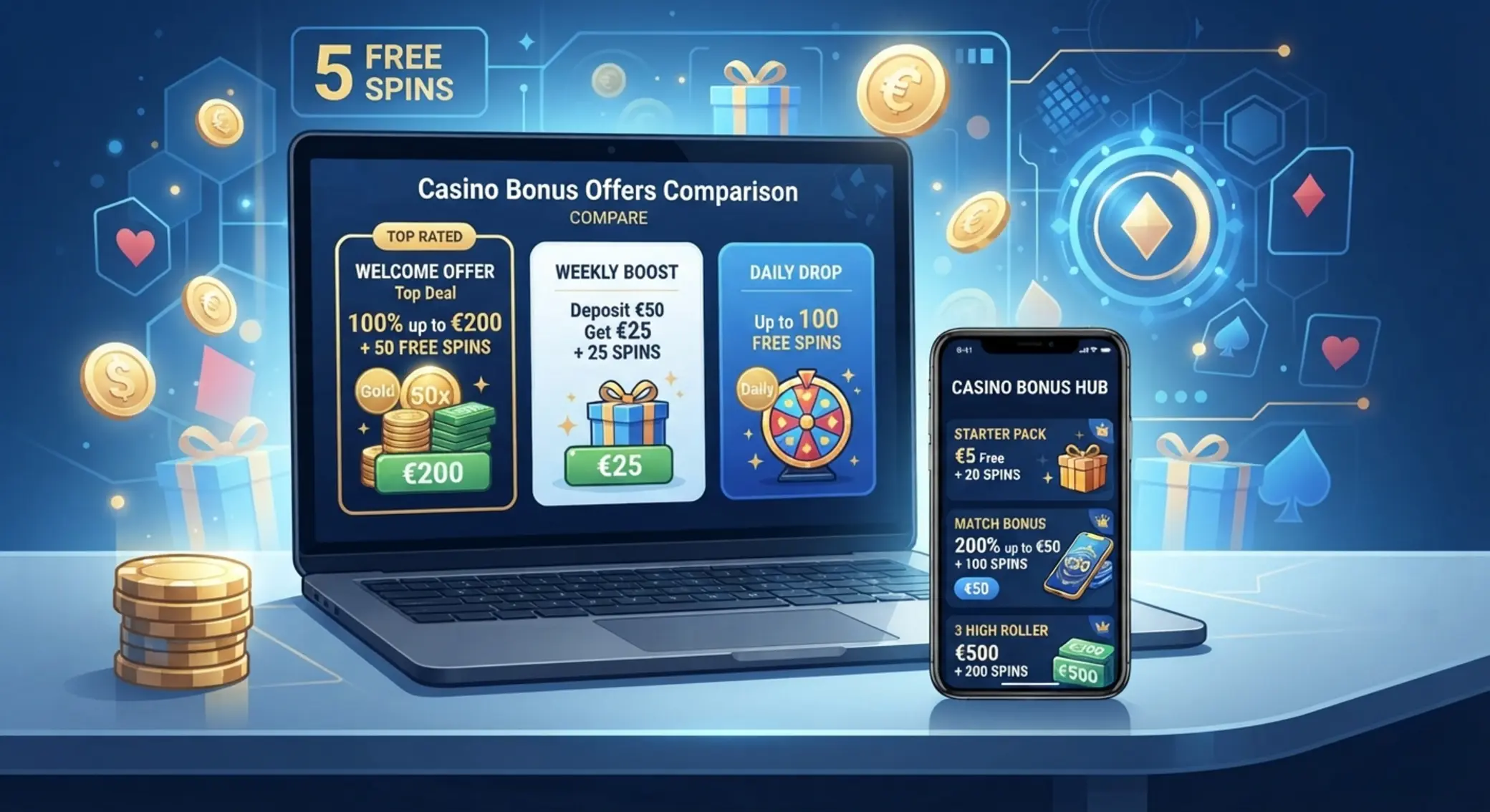 Prehľad 5 € bonusov v online kasínach Prehľad viacerých typov 5 € bonusov v online kasínach