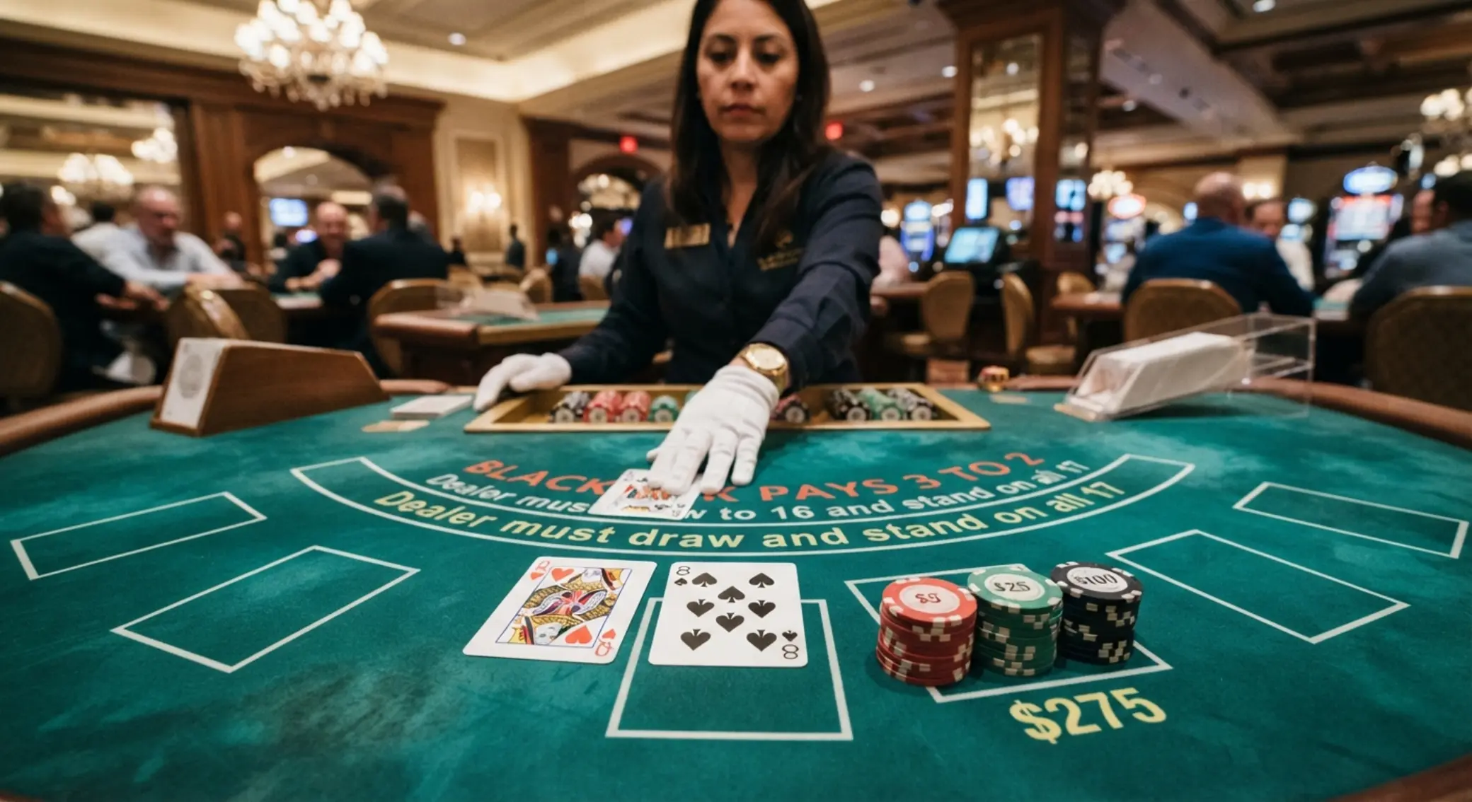 Klasický blackjack stôl Blackjack stôl z pohľadu hráča s kartami a žetónmi