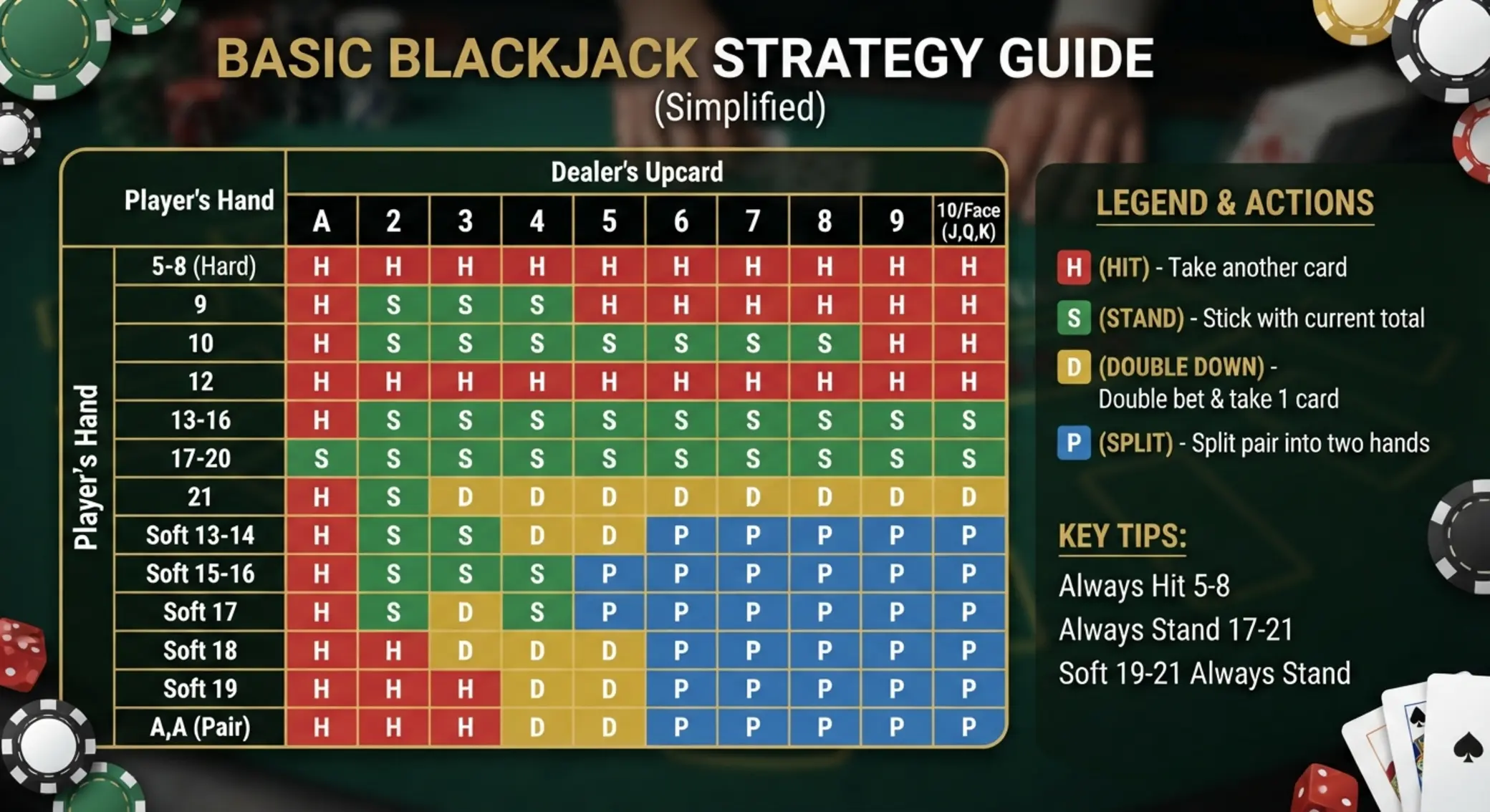 Tabuľka rozhodnutí v blackjacku Infografika so zjednodušenou tabuľkou blackjack stratégie