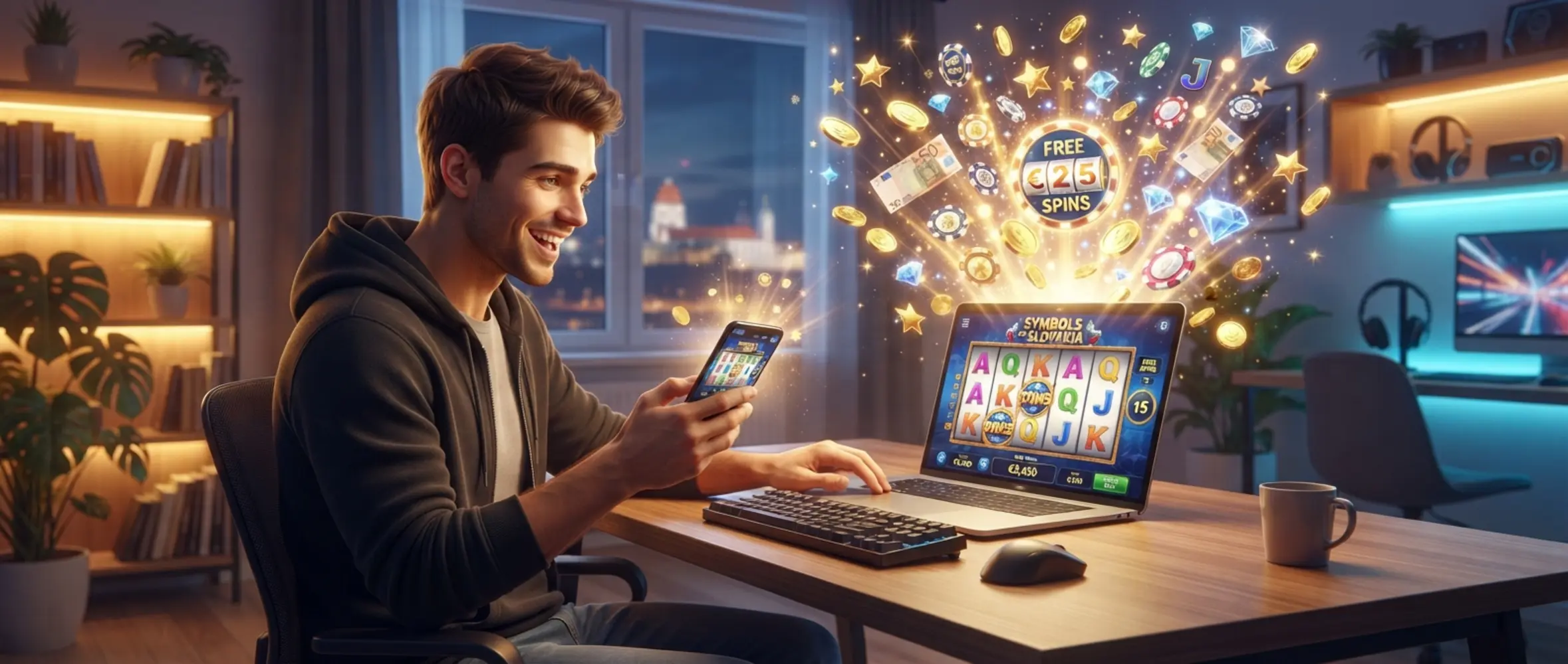Hráč pri notebooku a mobile s vizuálom bonusu bez vkladu