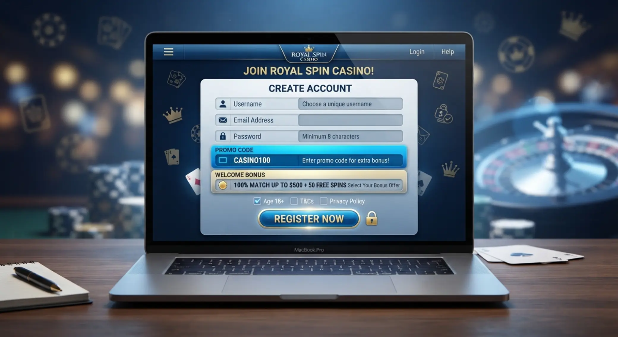 Registračný formulár online kasína s poľom promo kód