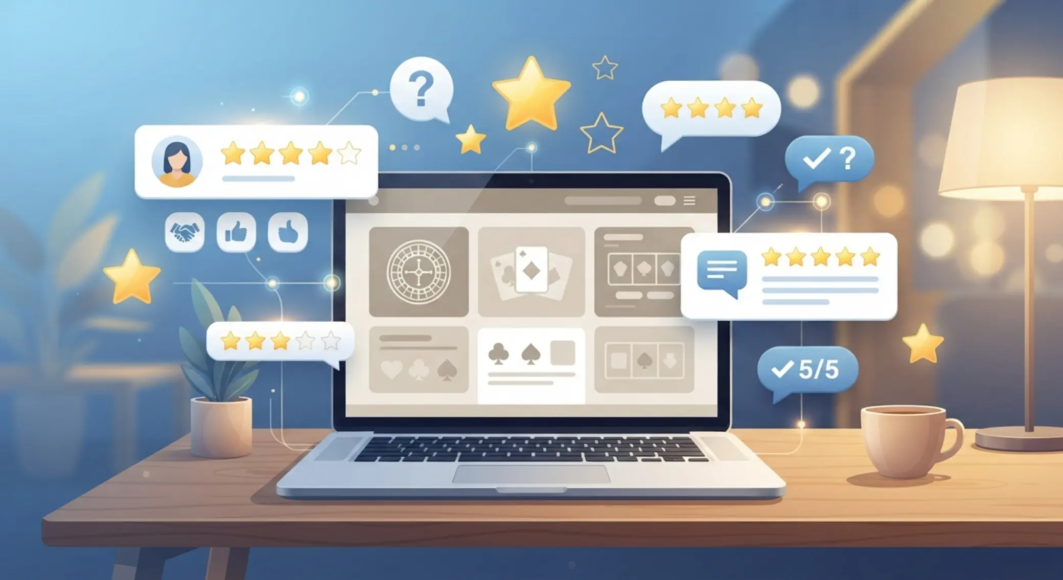 Recenzie hráčov a spätná väzba Ilustrácia recenzií a hodnotení online kasín