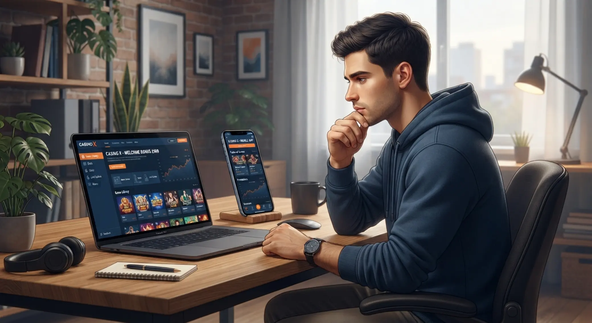 Rýchle porovnanie online kasín Hráč porovnáva dve online kasína na notebooku a mobile