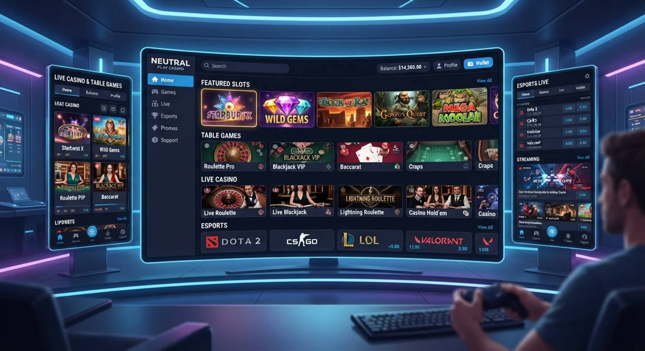 Výber hier v online kasíne Vizuál hernej lobby s automatmi a stolovými hrami