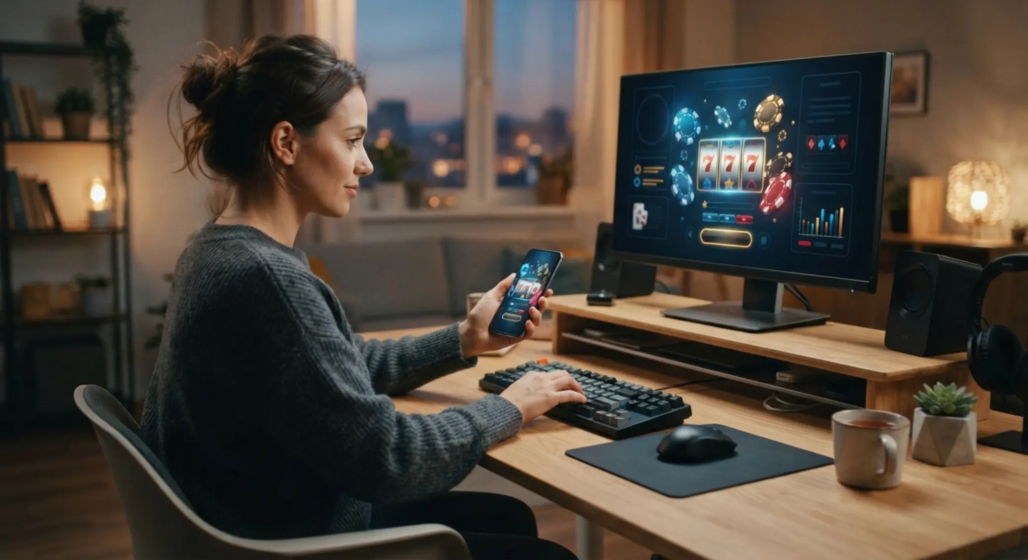 Mobilné hranie a používateľská skúsenosť Hráč používa mobil a počítač na online hranie