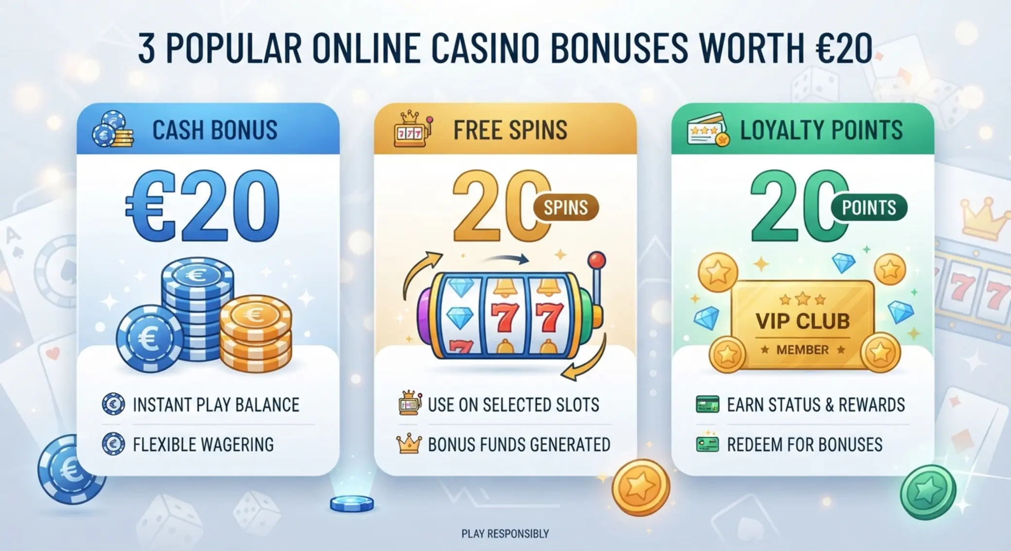 Prehľad typov bonusu 20 € v online kasíne