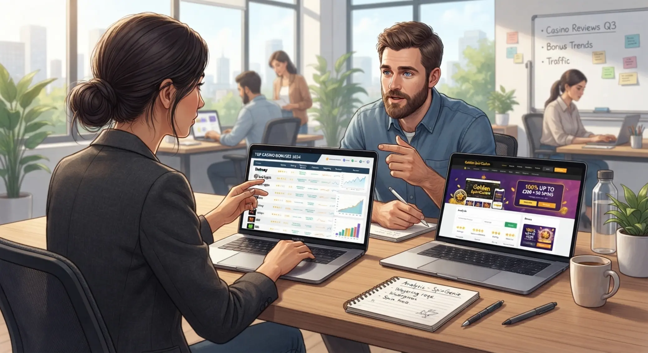 Príbeh a vznik casino portálu Tím pri práci analyzuje online kasína a bonusy