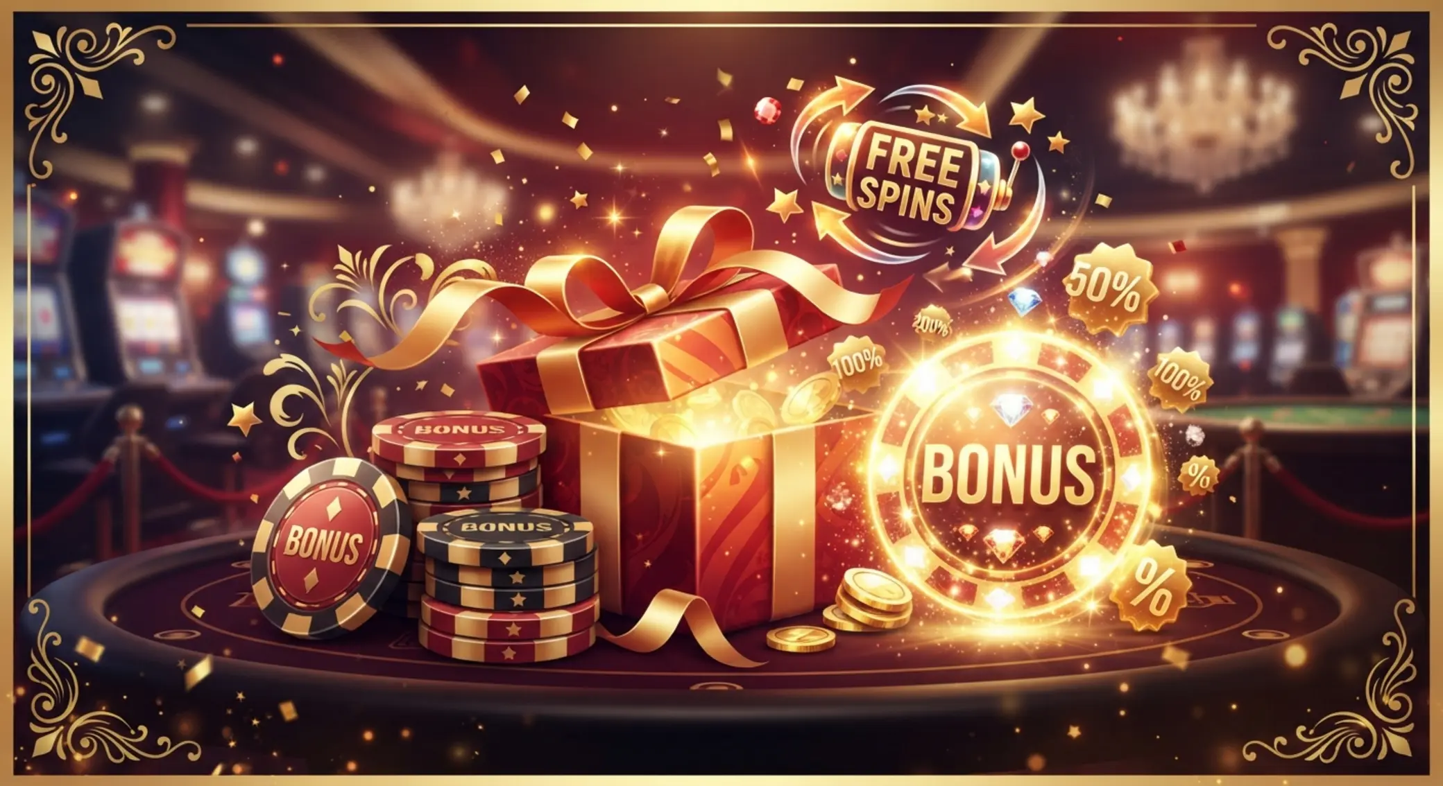 Casino bonusy na Slovensku Ilustrácia casino bonusov so žetónmi a darčekovou krabicou