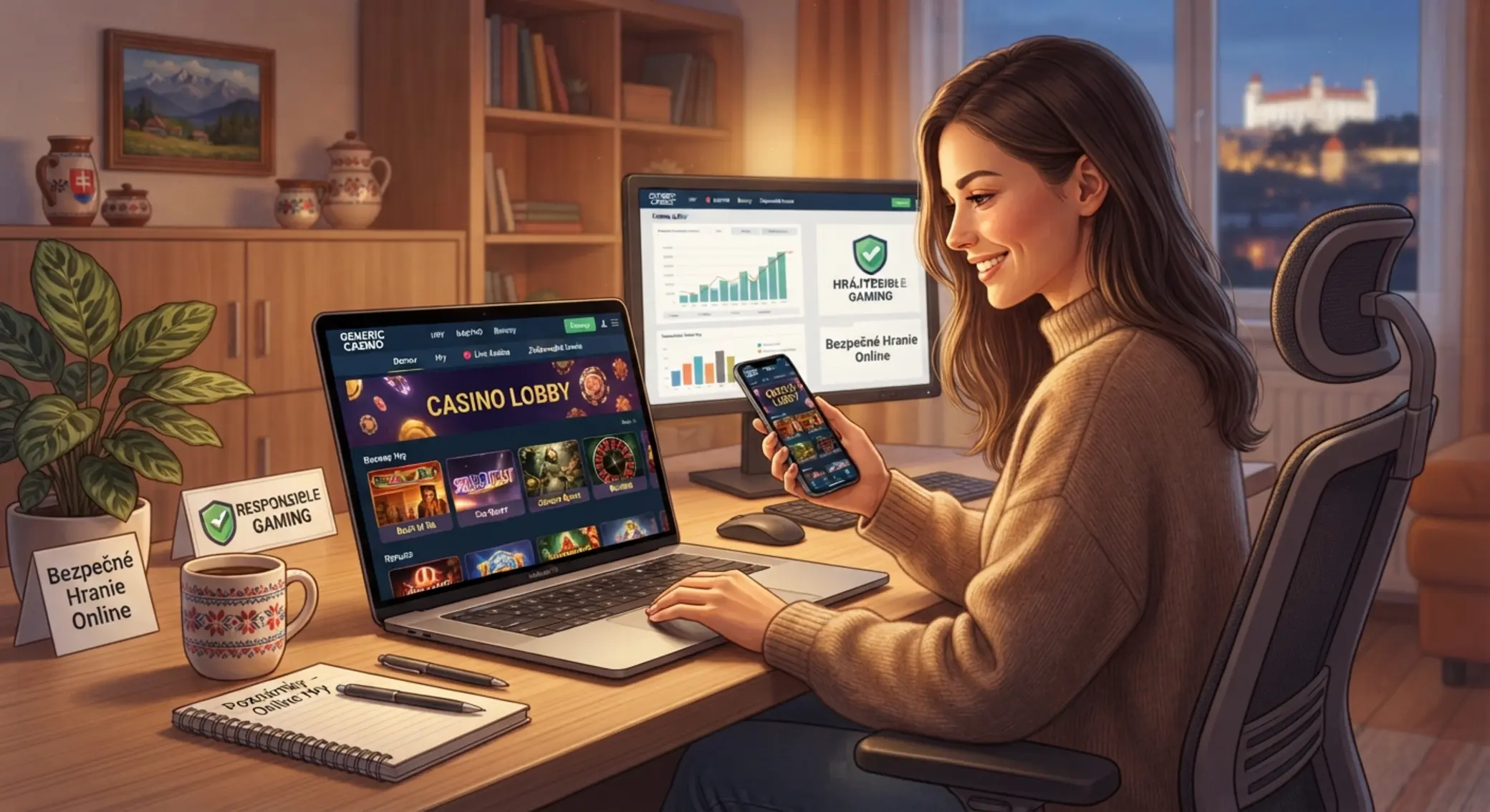 Prehľad slovenského online kasína Hráč pri notebooku a mobile so slovenským online kasínom