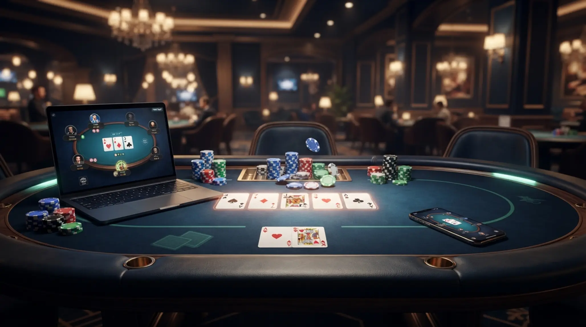 Banner s online poker stolom, kartami a žetónmi v štýle hry zdarma