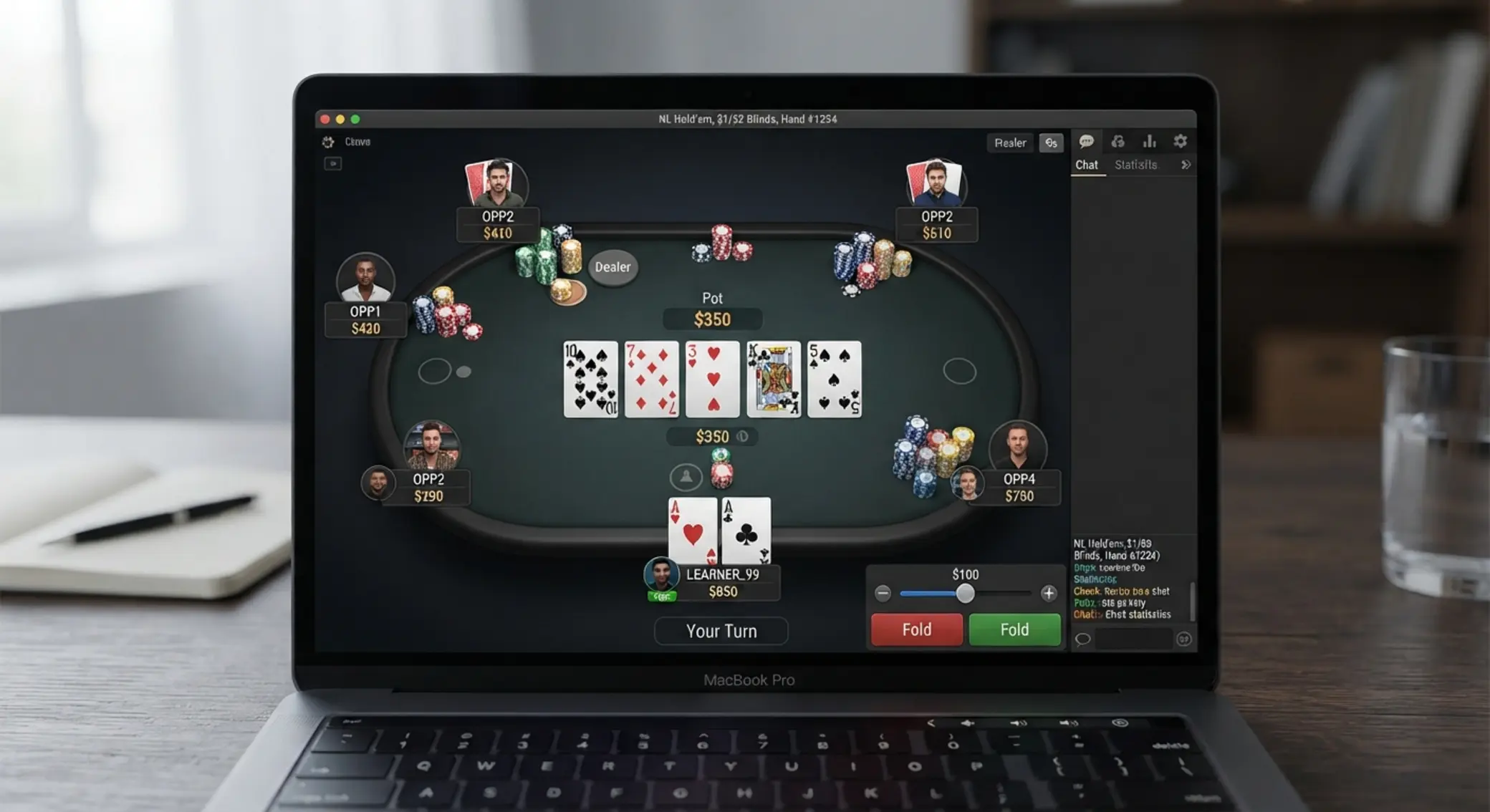 Virtuálny pokerový stôl s kartami a žetónmi