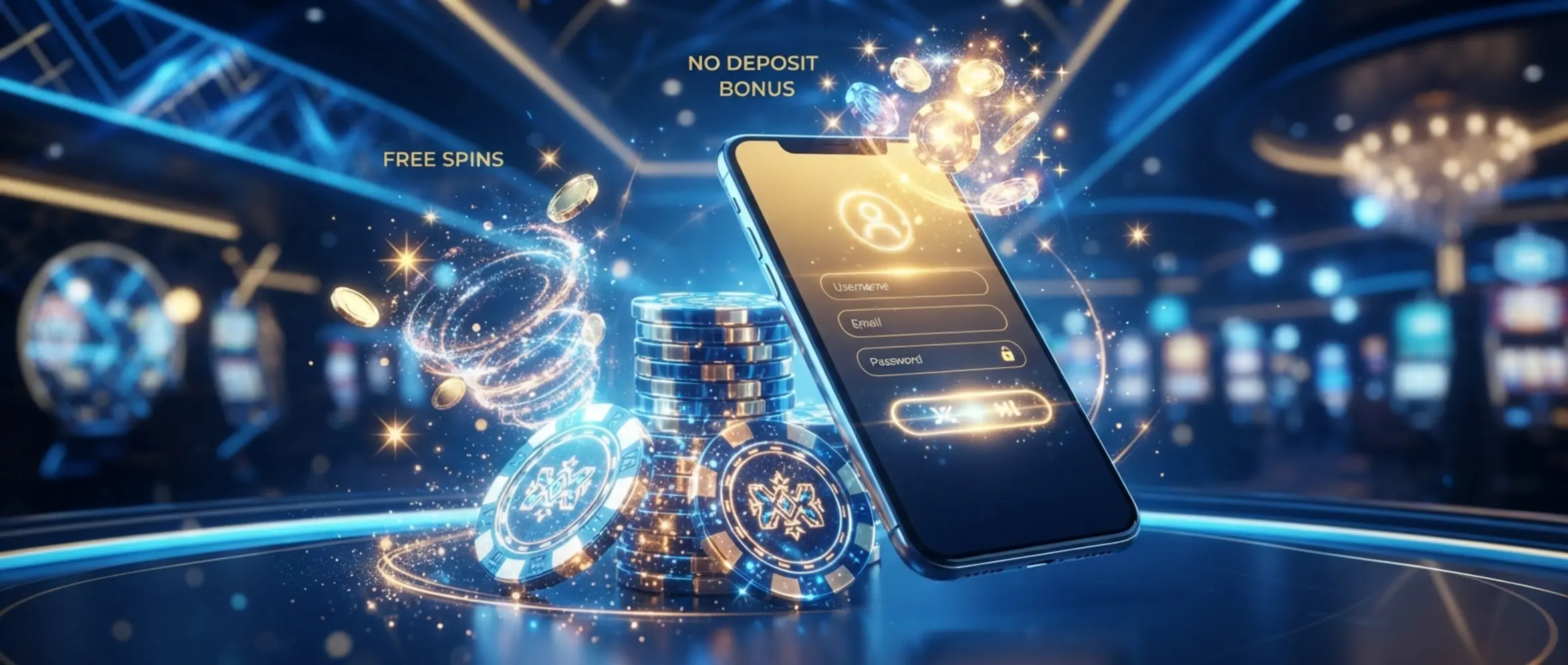 Banner s mobilom, žetónmi a motívom casino promo kódov