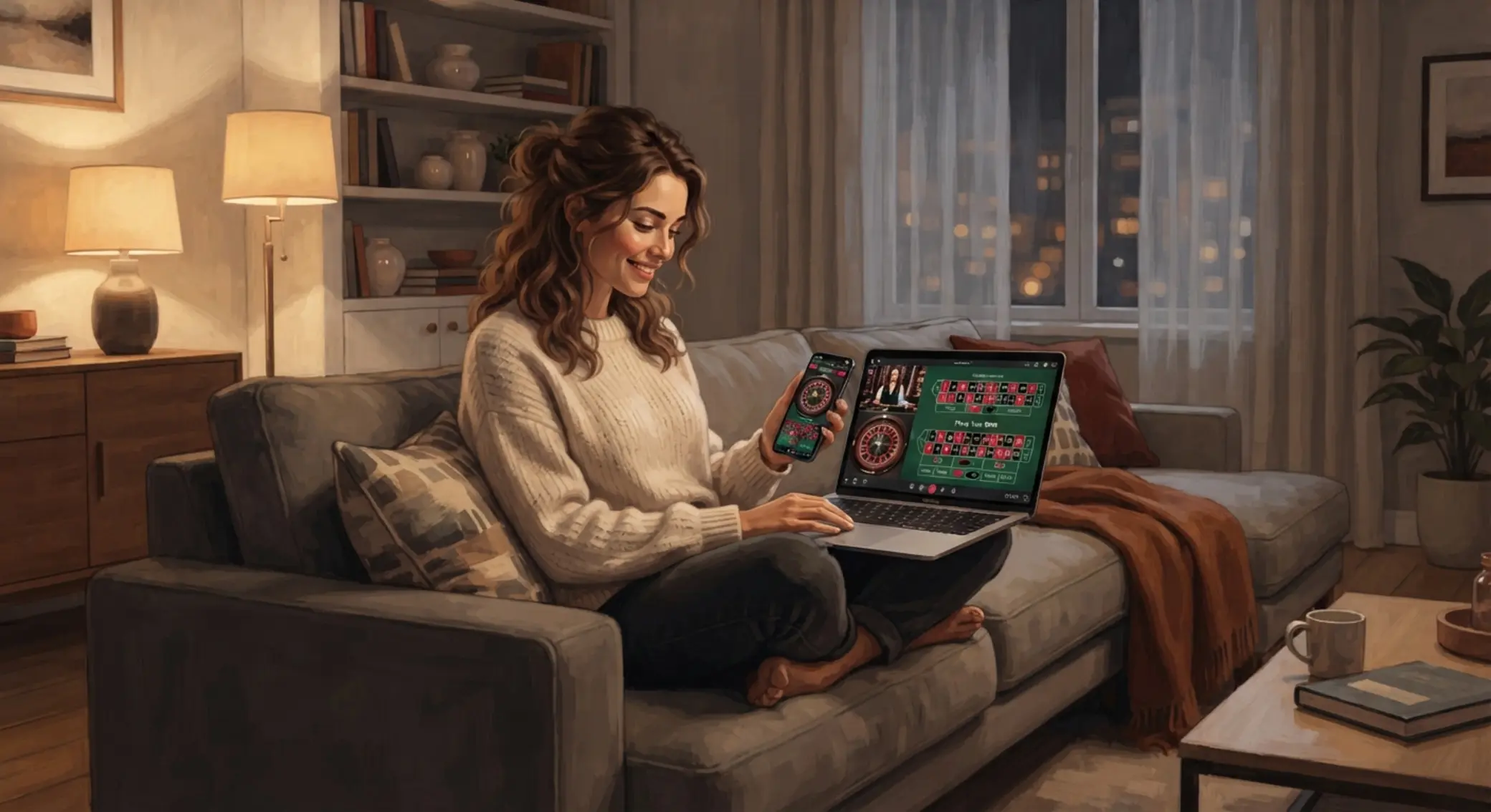 Ruletka online v pohodlí domova Hráč sleduje ruletu online na notebooku a mobile